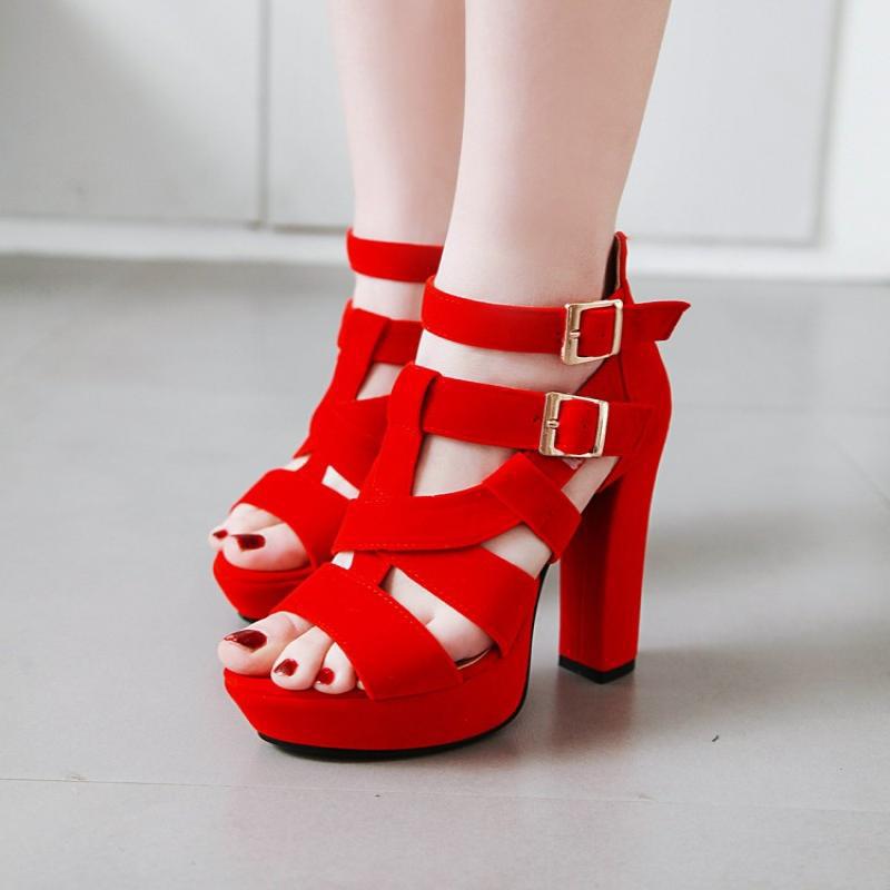 Women's shoes sexy nightclub red summer buckle strap large heels chunky sandals