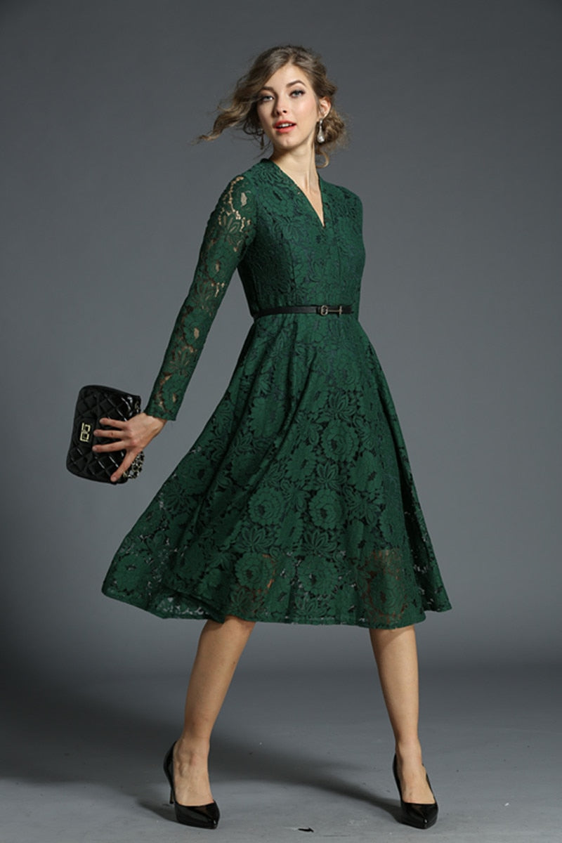 Ladies V-neck Green Lace Dress Vetement Femme 2018 Spring Evening Party Women Dress