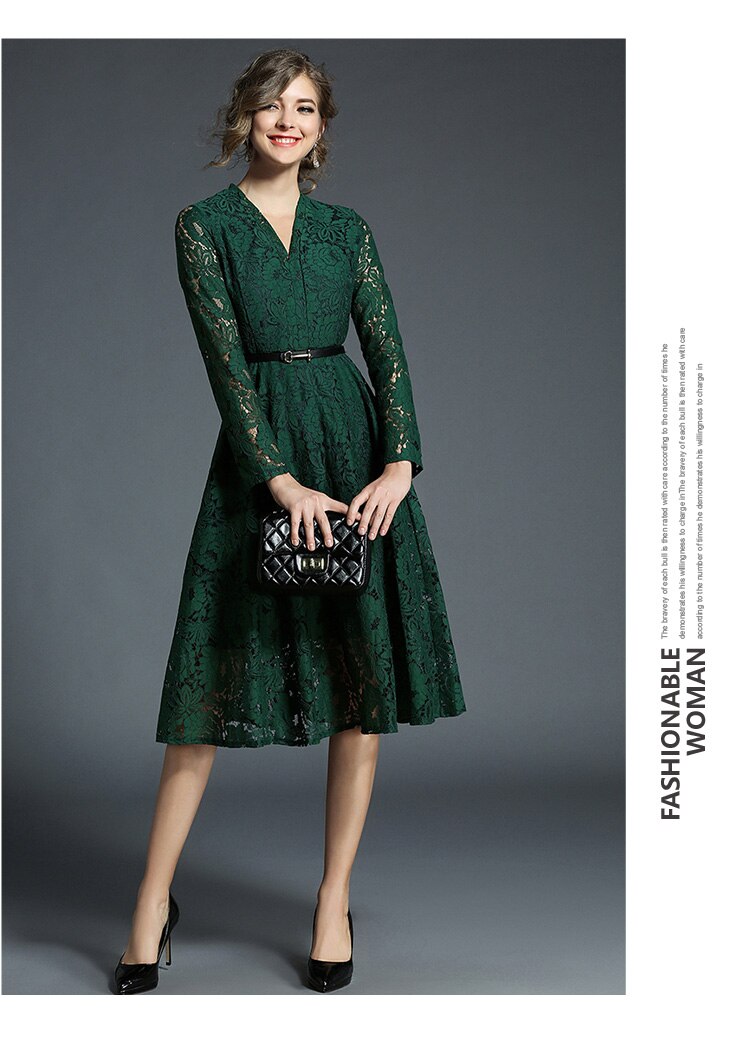 Ladies V-neck Green Lace Dress Vetement Femme 2018 Spring Evening Party Women Dress