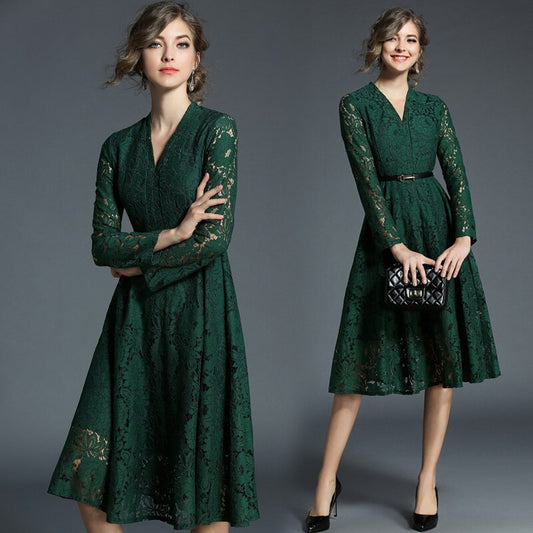Ladies V-neck Green Lace Dress Vetement Femme 2018 Spring Evening Party Women Dress