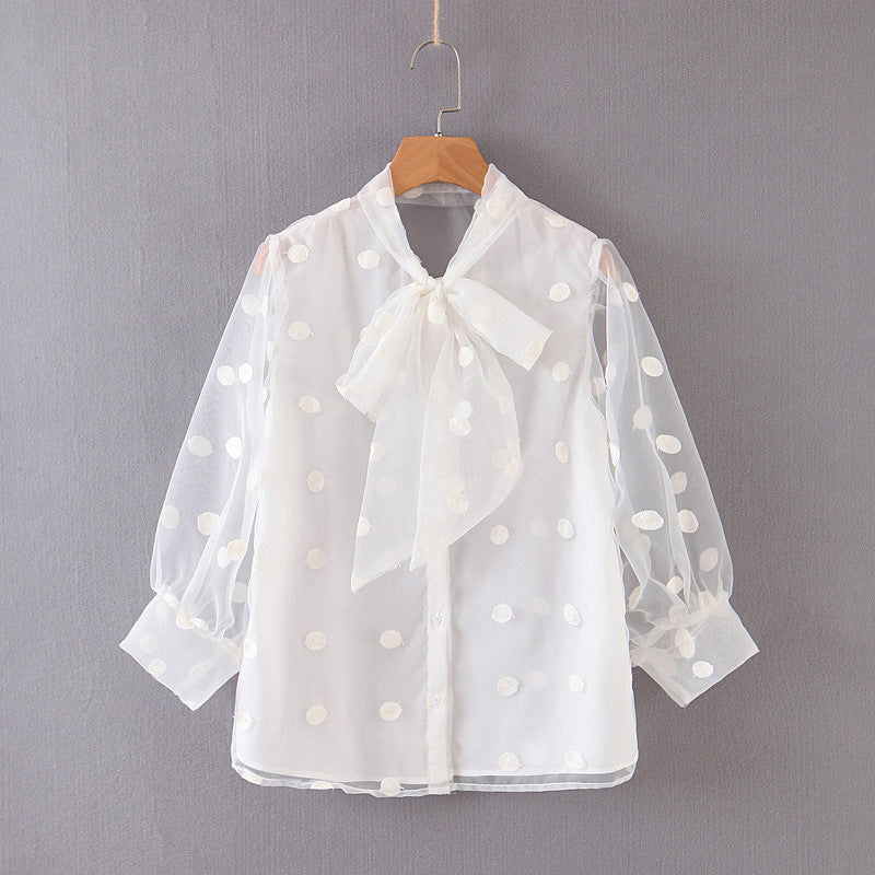 Women polka dots chic white blouse bow tie collar lantern sleeve shirts