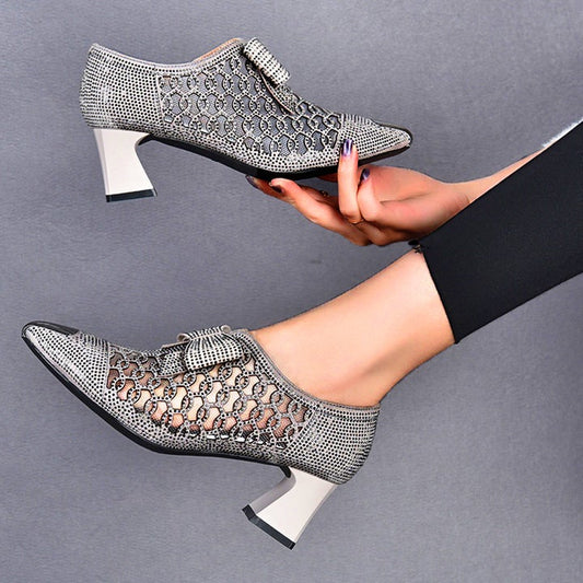 Rhinestone hollow chunky heel shoes