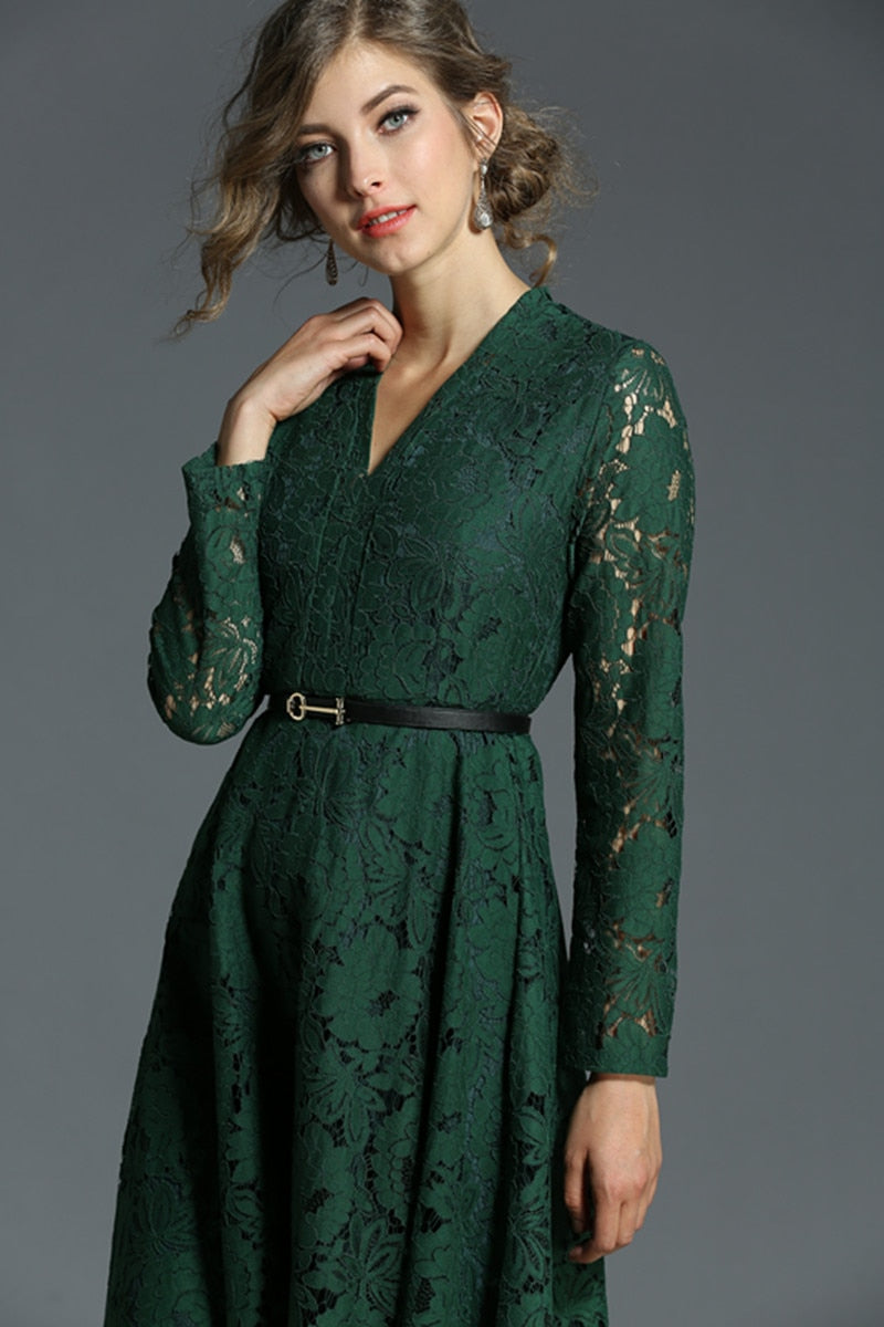 Ladies V-neck Green Lace Dress Vetement Femme 2018 Spring Evening Party Women Dress