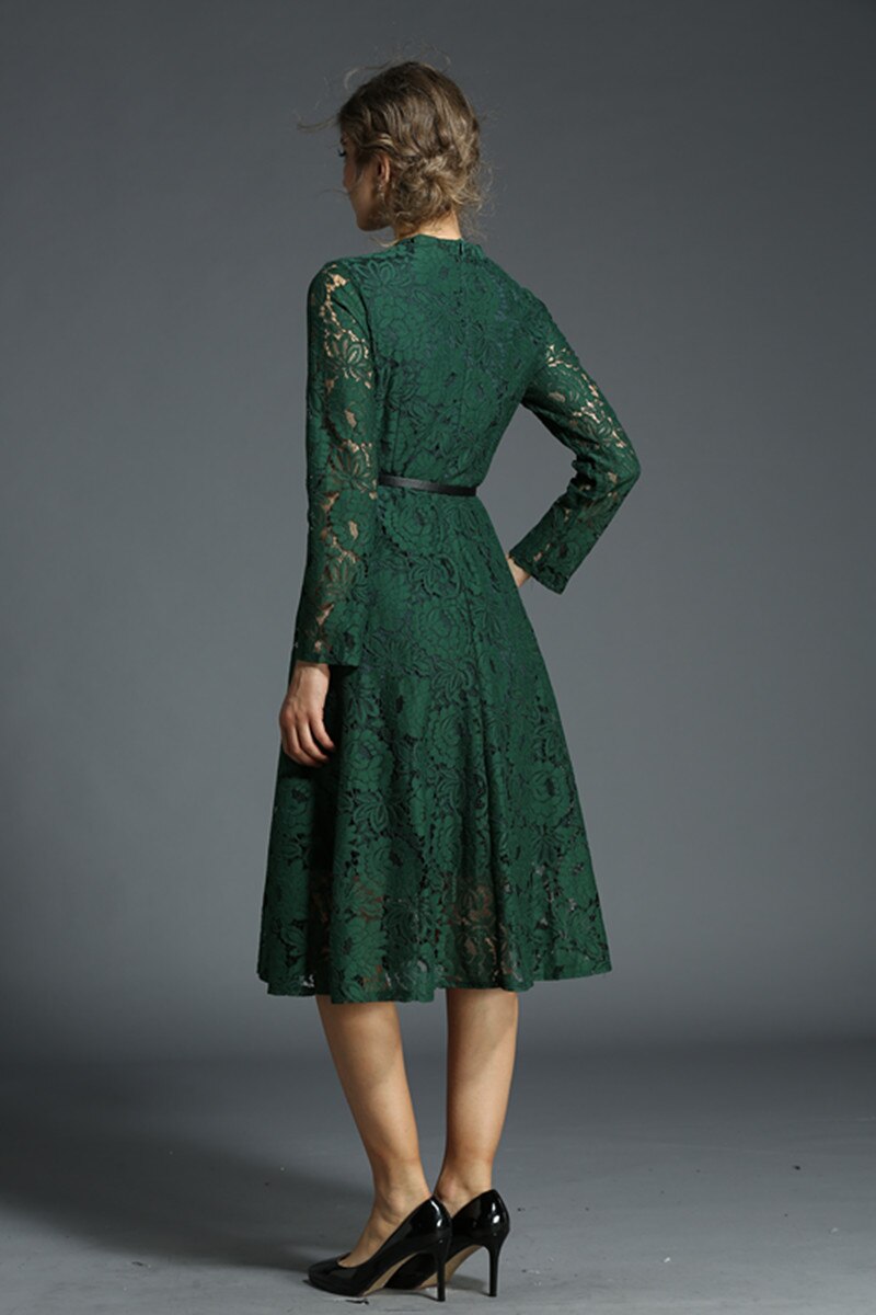 Ladies V-neck Green Lace Dress Vetement Femme 2018 Spring Evening Party Women Dress