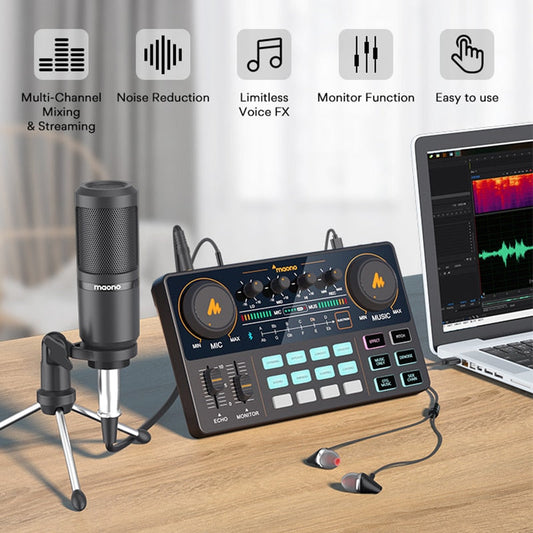 All-in-on Microphone Mixer Kit Sound Card Audio Podcaster With Condenser Mic&Earphone for PC Phone Tiktok