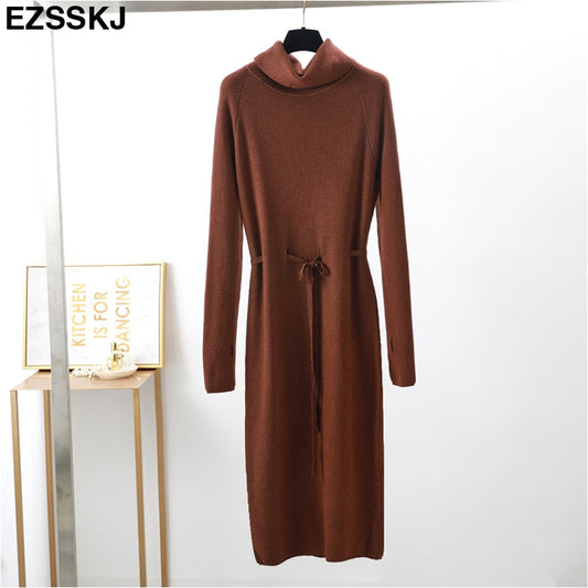 Thumb Hole autumn winter Women turtleneck long Sweater dress robe Knitted Sweaters Drawstring dress Femme Lace Up loose dress