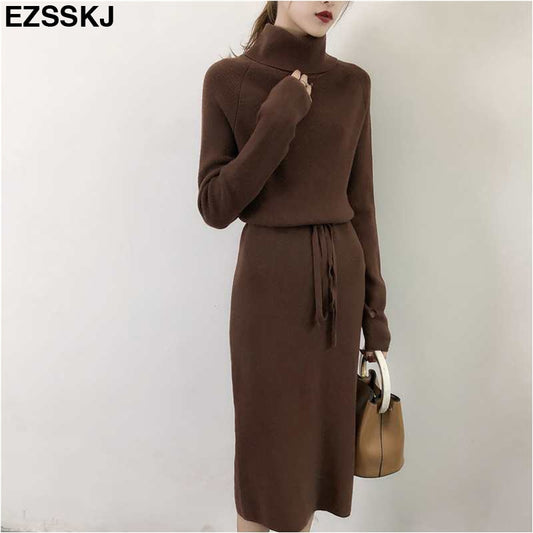 Thumb Hole autumn winter Women turtleneck long Sweater dress robe Knitted Sweaters Drawstring dress Femme Lace Up loose dress